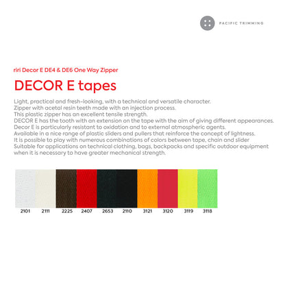 Decor E DE4 & DE6 One Way Plastic Teeth Zipper