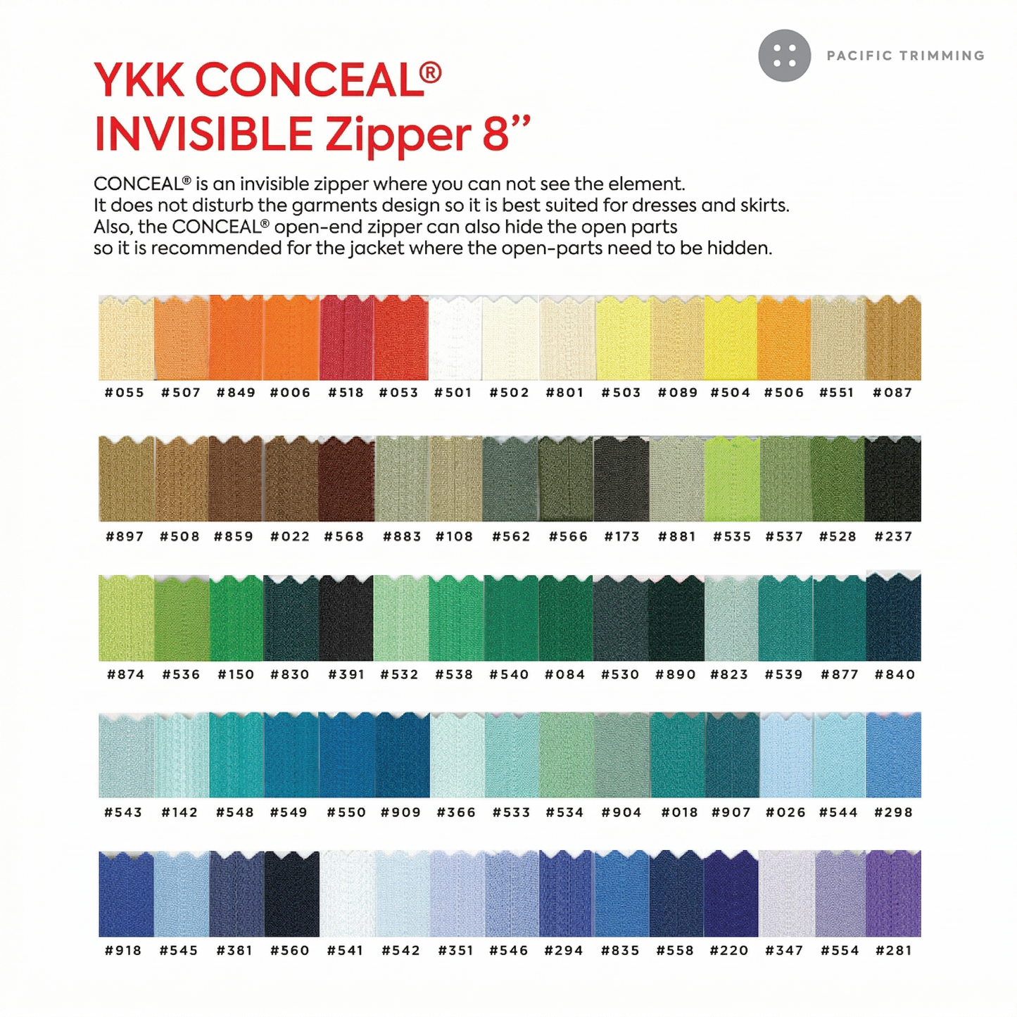 #2 YKK Conceal Invisible Zipper Closed End 8"