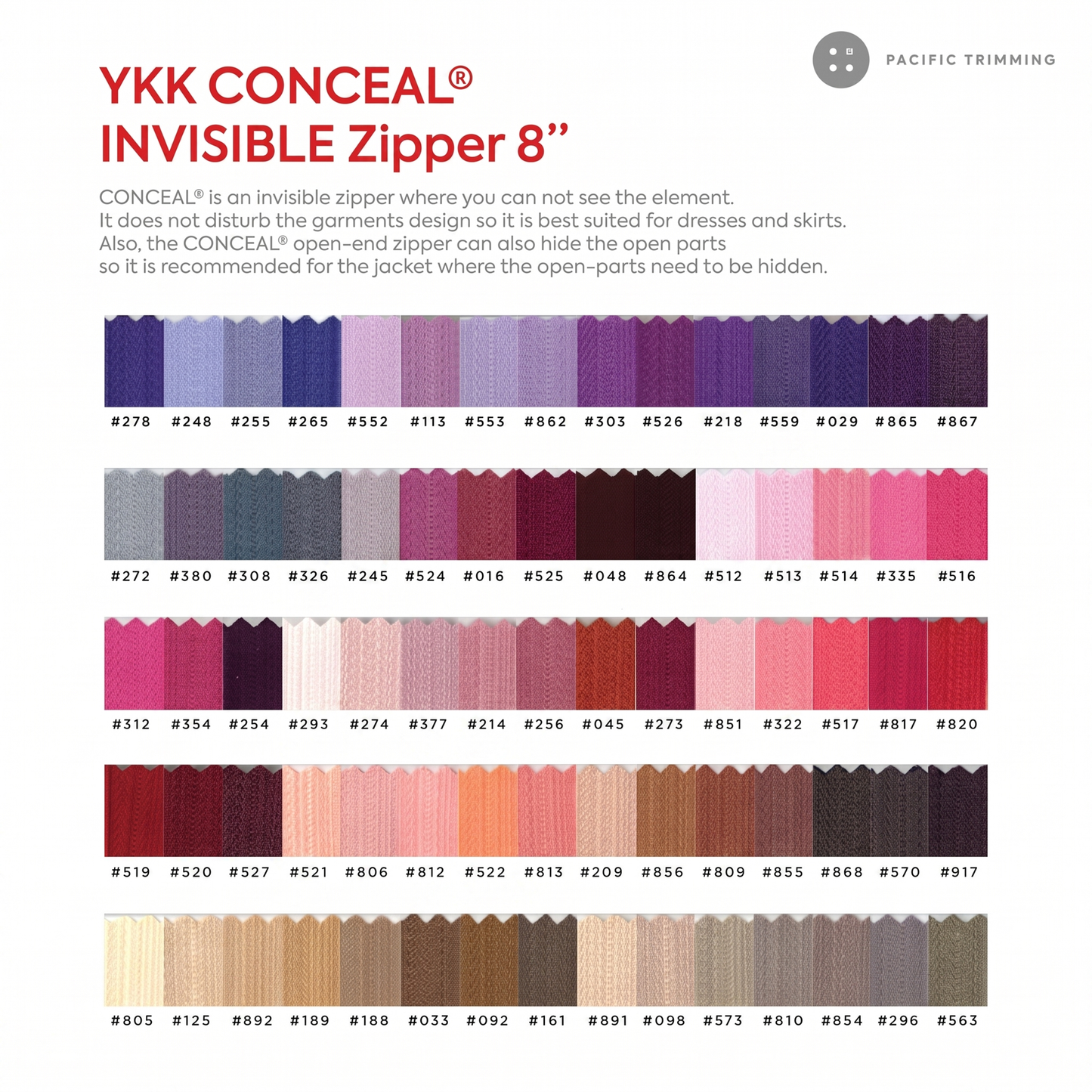 #2 YKK Conceal Invisible Zipper Closed End 8"