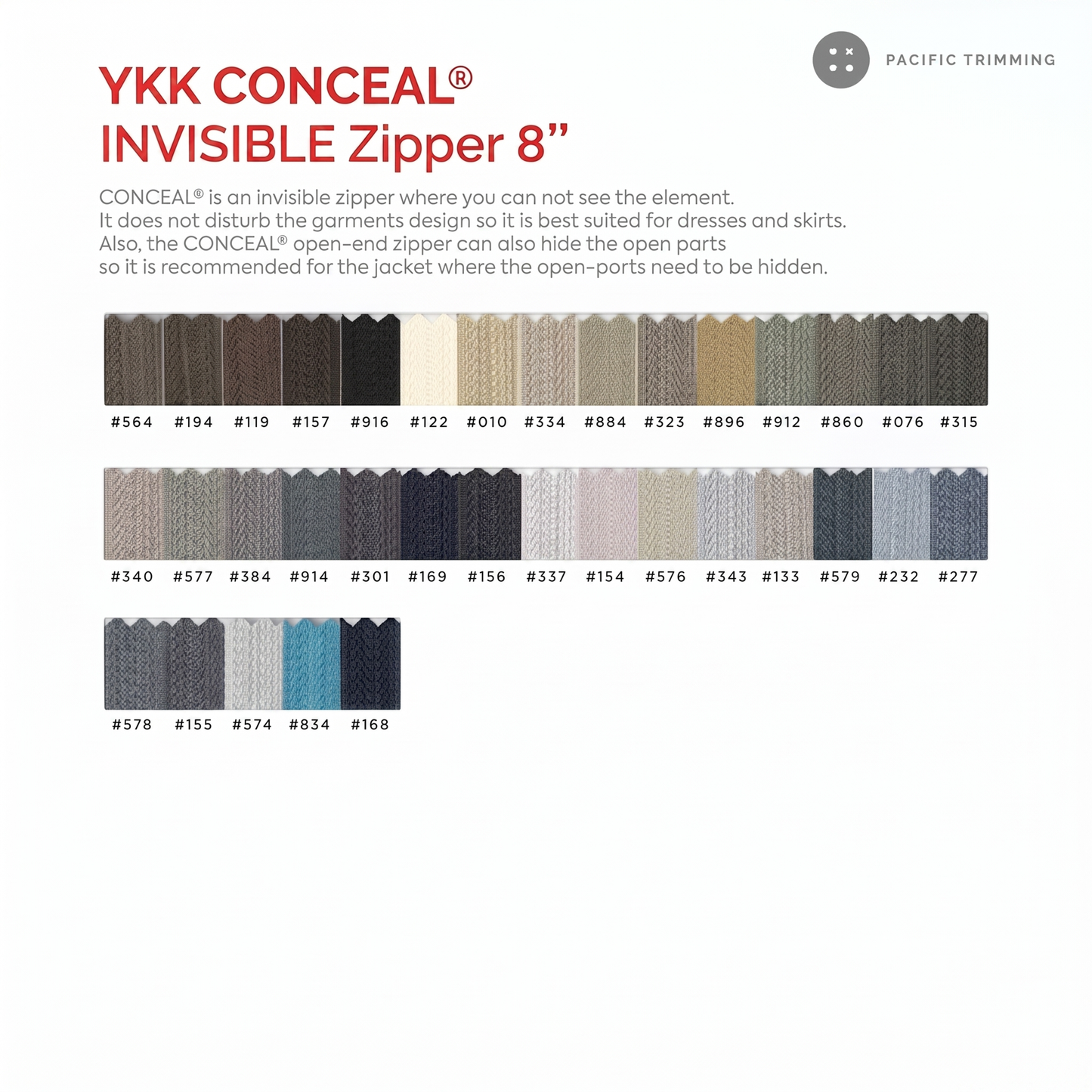 #2 YKK Conceal Invisible Zipper Closed End 8"