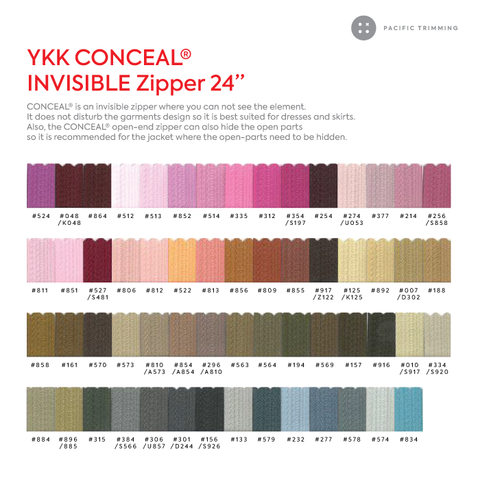 #2 YKK Conceal Invisible Zipper Closed End 24 Inch Color Chart