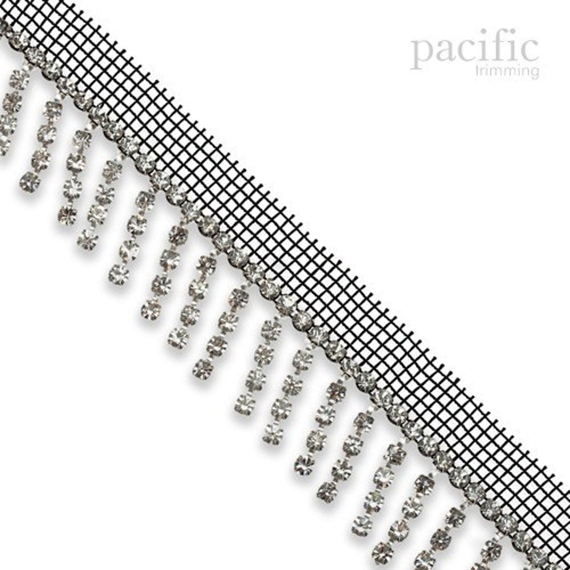 1.75 Inch Rhinestone Fringe with Netting Black/Crystal